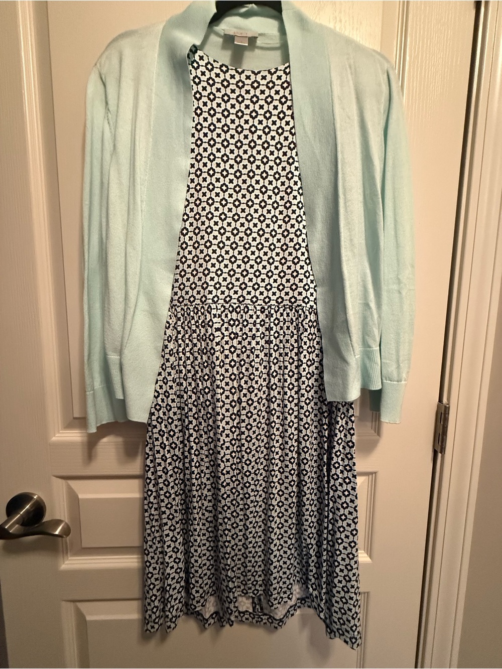 LOFT Navy & Mint Patterned Dress with Mint Cardigan